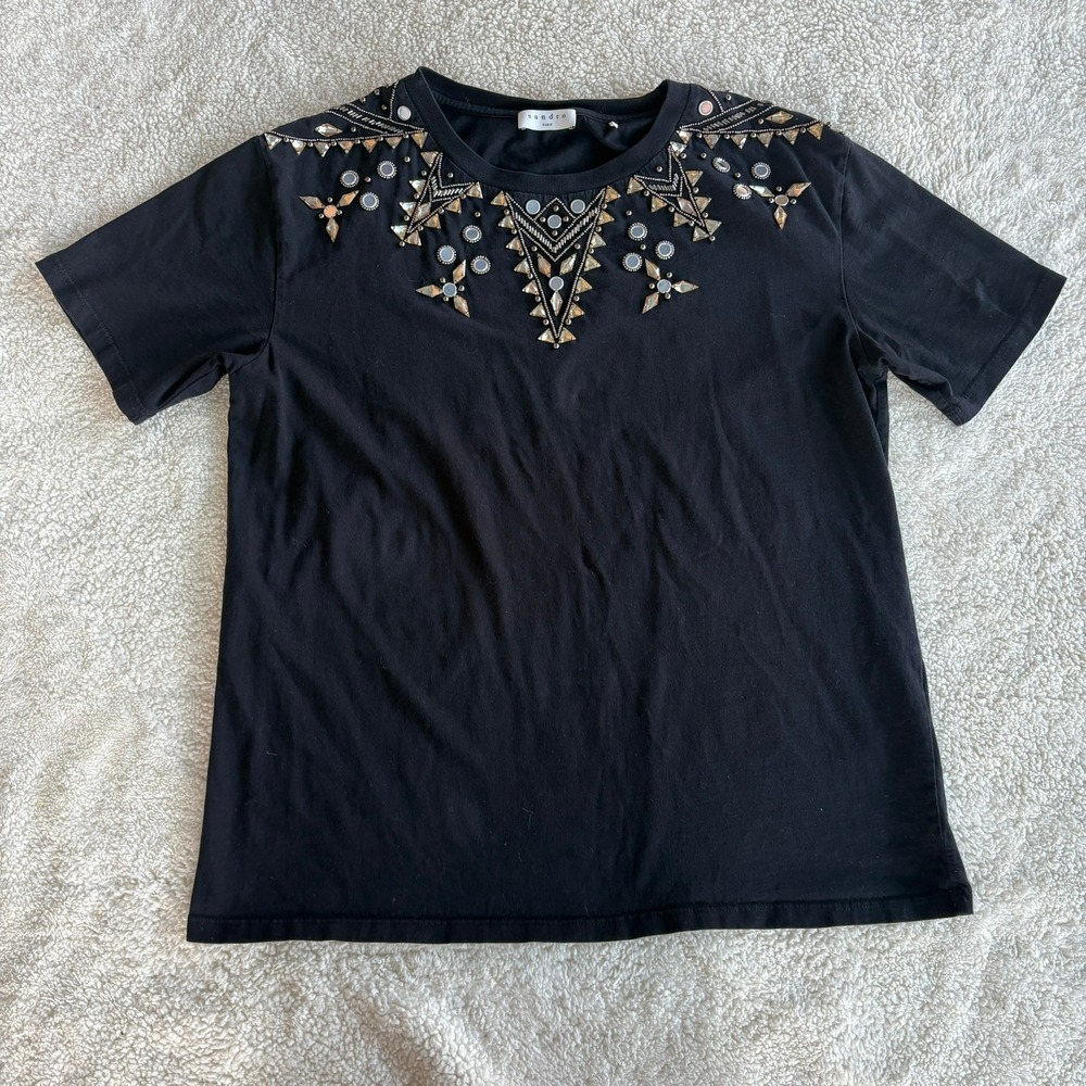 Sandro Paris Black Embellished Beaded Jewel Neck Short Sleeve T-Shirt No Size - Picture 2 of 13